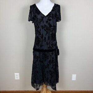 Vintage Y2K Velvet Burnout Dress 12 Black Floral Drop Waist Bow Fairy Whimsigoth